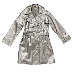 Vtg Newport News Leather Double Breasted Metallic Trench Coat Size 12 Vintage